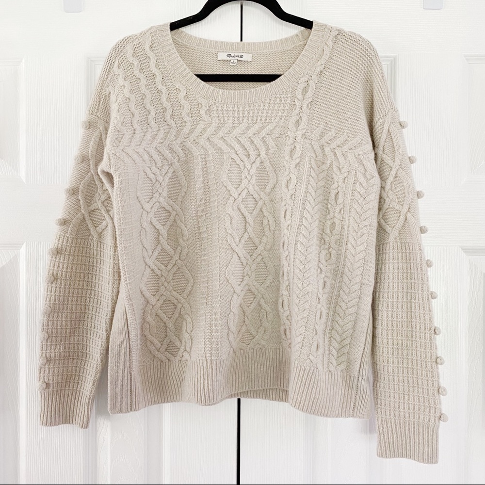 Madewell Open-Side Bobble Pullover Sweater Beige Tan Cable Knit Pom Wool Small